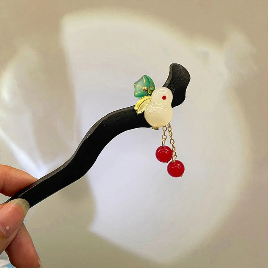 1-Piece Black Hairpin with Green Leaf and Red Bead Details