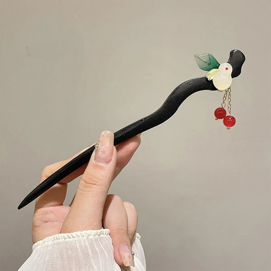 1-Piece Black Hairpin with Green Leaf and Red Bead Details