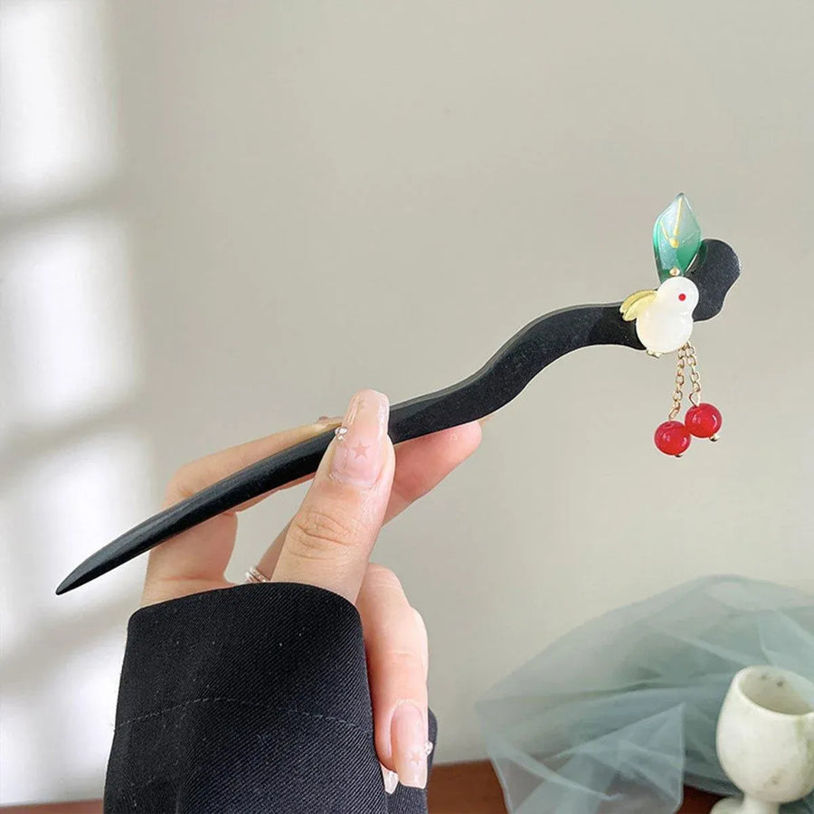1-Piece Black Hairpin with Green Leaf and Red Bead Details
