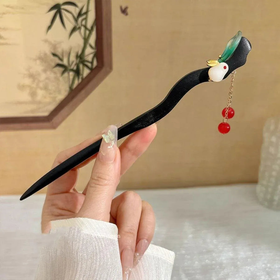 1-Piece Black Hairpin with Green Leaf and Red Bead Details