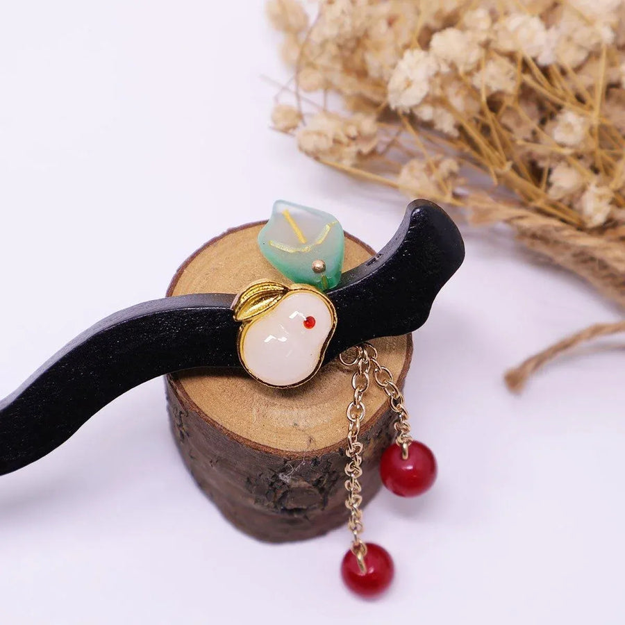 1-Piece Black Hairpin with Green Leaf and Red Bead Details