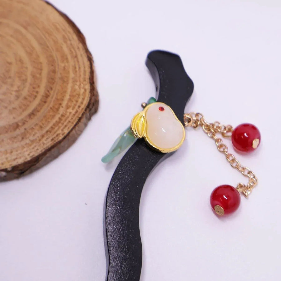 1-Piece Black Hairpin with Green Leaf and Red Bead Details