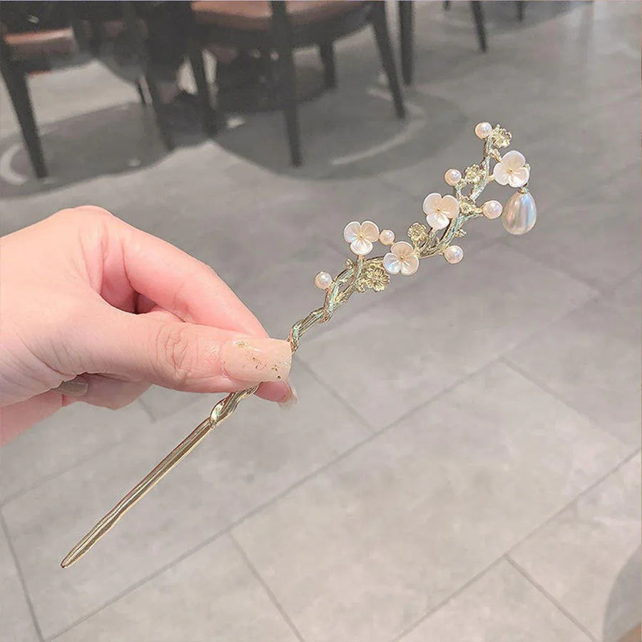 Pearl Flower Vine Hairpin Golden Chinese Style Bridal Hair Accessories