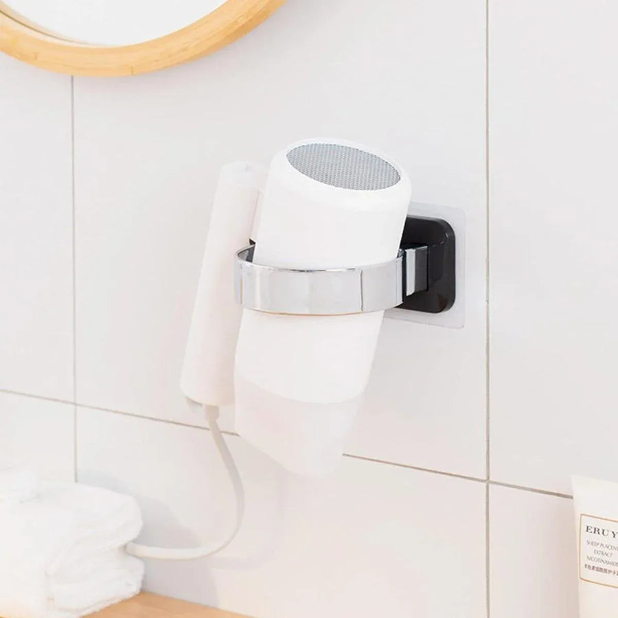 1-Piece Black and Silver Wall-Mounted Hair Dryer Holder