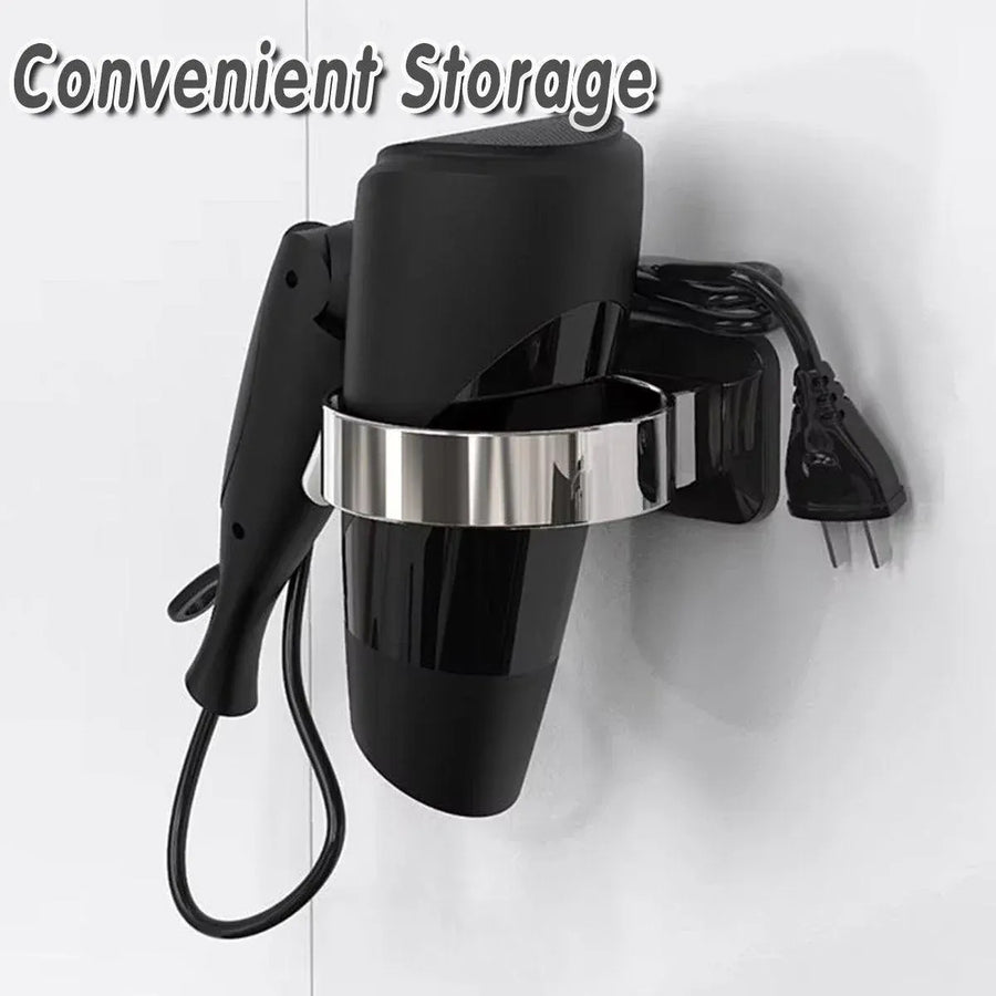 1-Piece Black and Silver Wall-Mounted Hair Dryer Holder