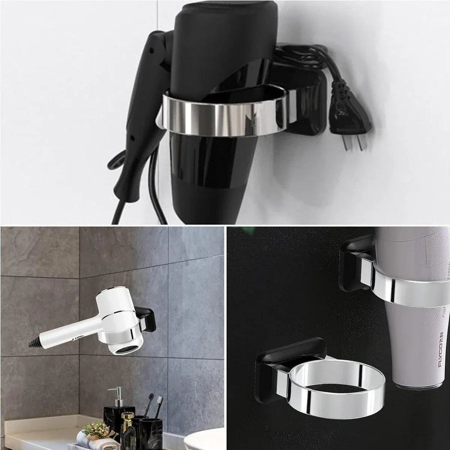 1-Piece Black and Silver Wall-Mounted Hair Dryer Holder