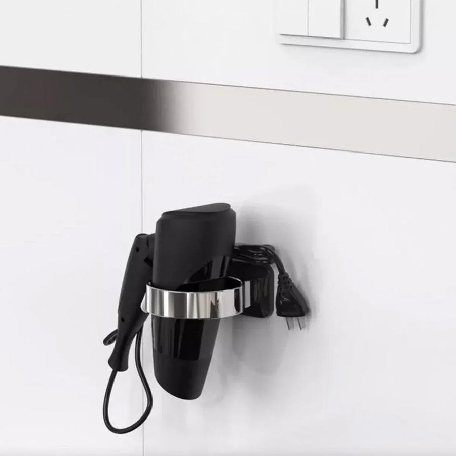 1-Piece Black and Silver Wall-Mounted Hair Dryer Holder