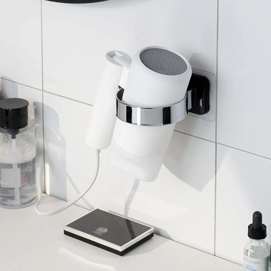 1-Piece Black and Silver Wall-Mounted Hair Dryer Holder