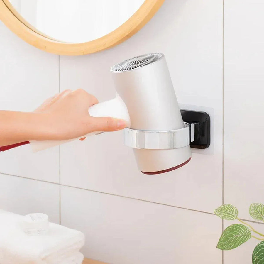 1-Piece Black and Silver Wall-Mounted Hair Dryer Holder