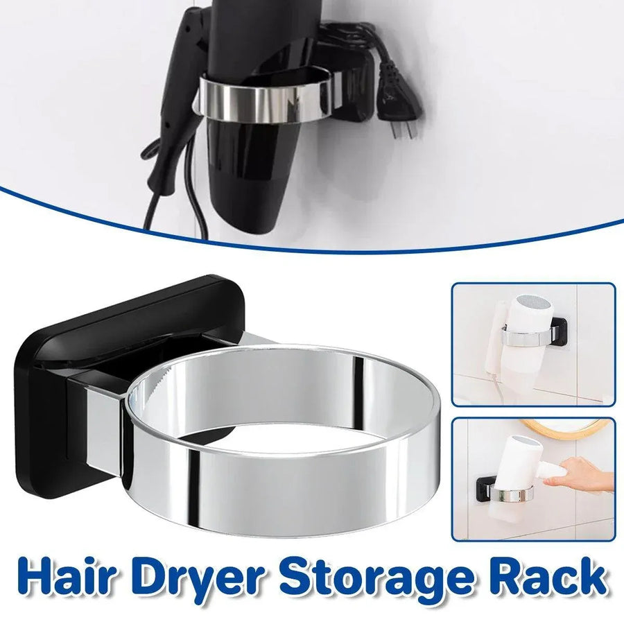 1-Piece Black and Silver Wall-Mounted Hair Dryer Holder
