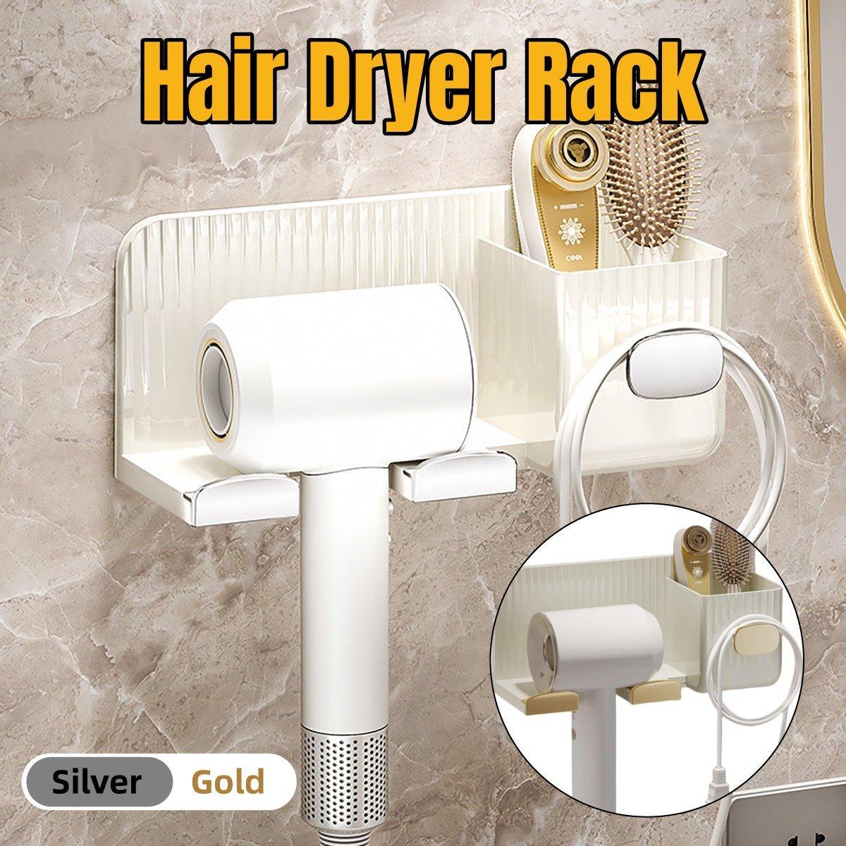 Hair Dryer Holder Rack Plastic Wall Mount No Drill Bathroom Organizer Storage - Gold