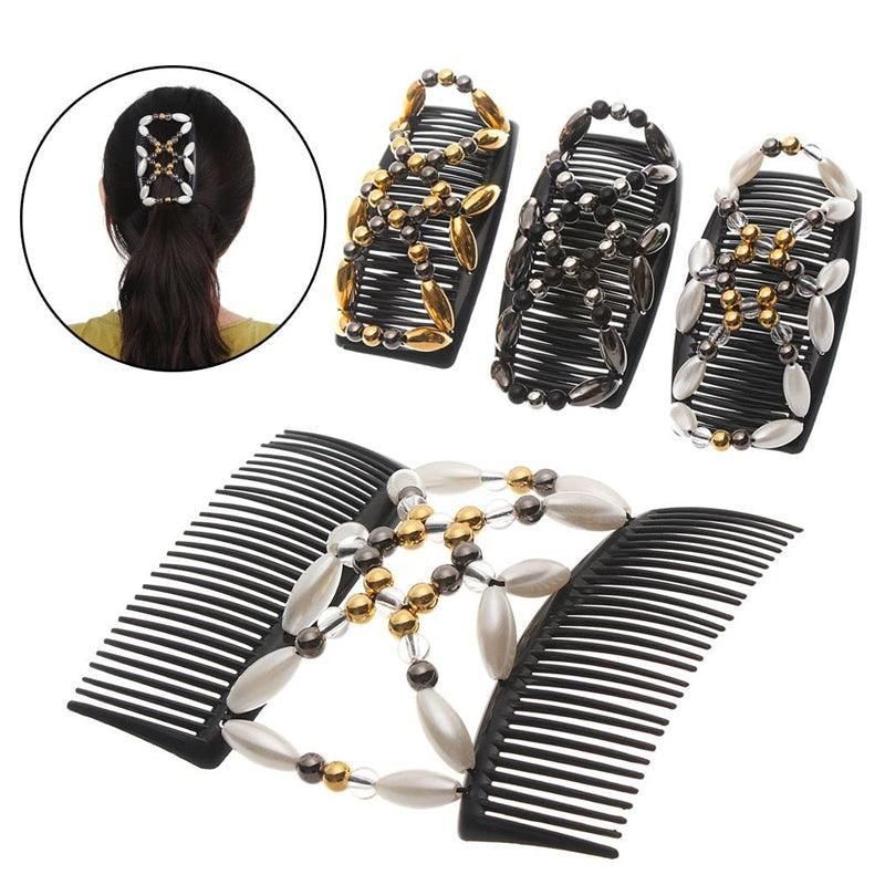 Beaded Stretchy Easy Magic Hair Comb Elastic Double Hair Clip Hair Accessories - Gold