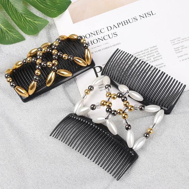 Beaded Stretchy Easy Magic Hair Comb Elastic Double Hair Clip Hair Accessories - Gold