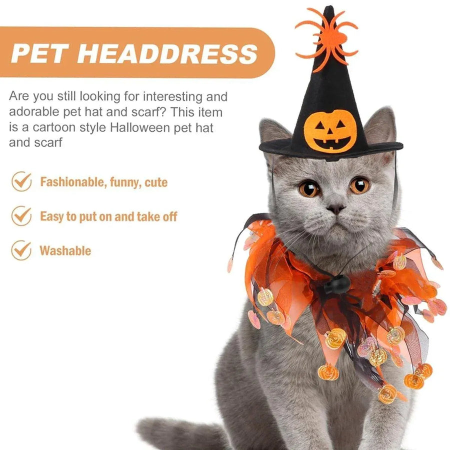 Halloween Cat Costume Skull Pattern Hat and Scarf Set Pet Cape Accessories