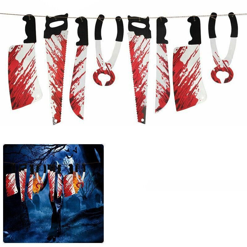 8Pcs Hanging Bloody Weapons Halloween Horror Props Garland Banner Decoration Au