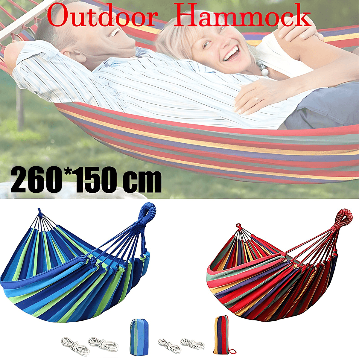 Double Outdoor Hammock 260x150cm with Straps for Camping Hanging Tree Bed - Red