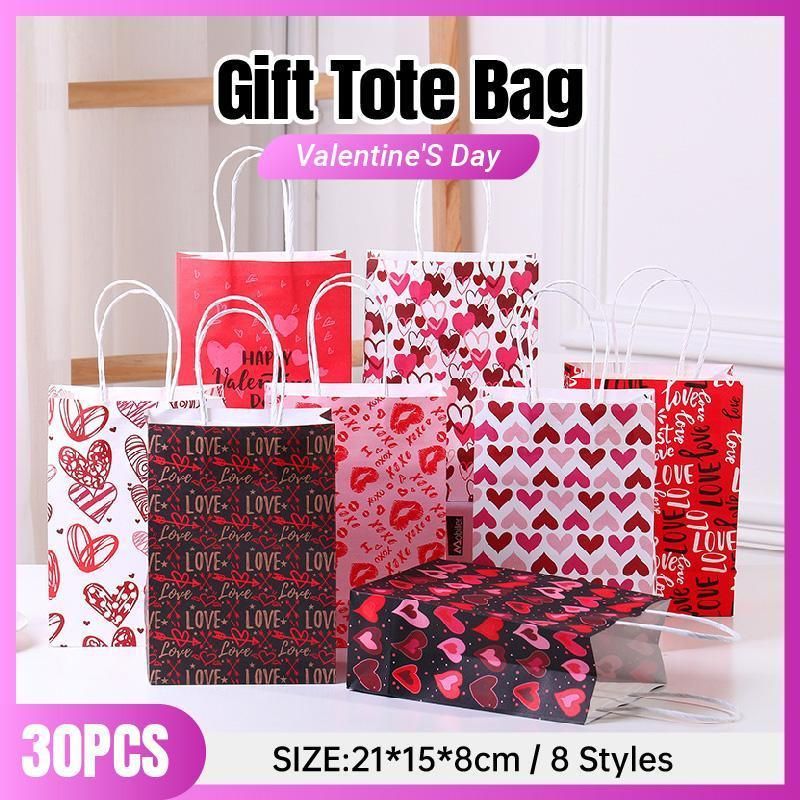 30x Valentines Day Love-Themed Tote Bag Elegant Kraft Paper Handbag Lightweight - Y171