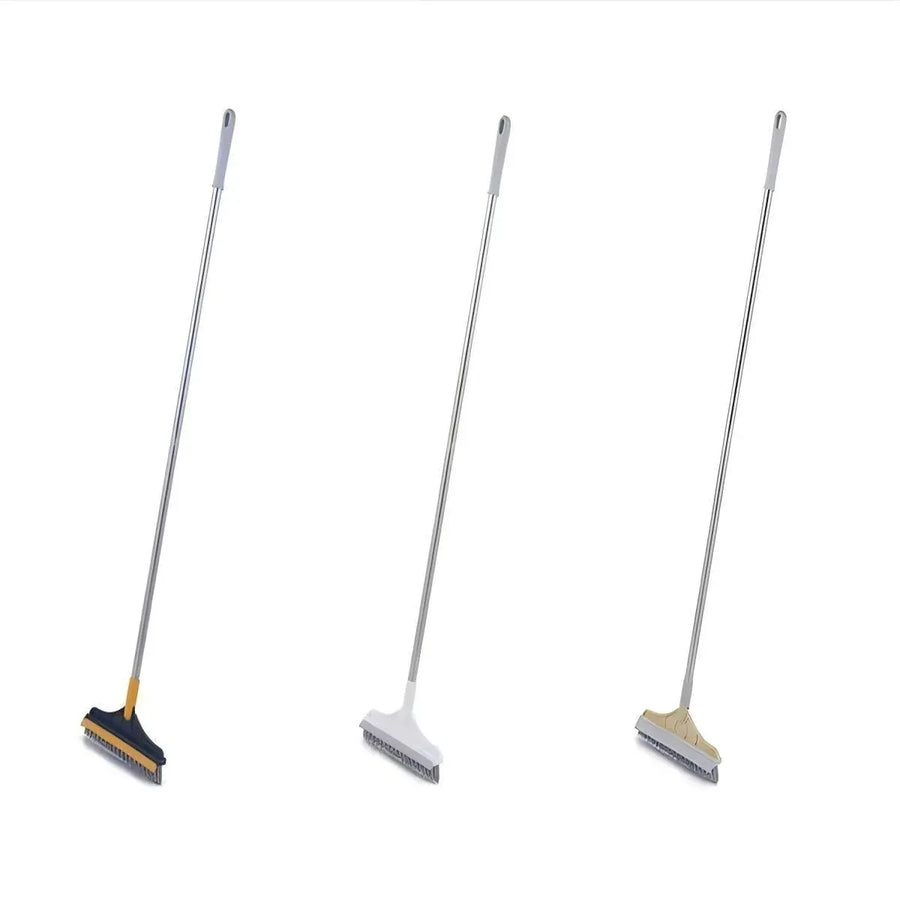 2 in 1 Floor Scrubber with Squeegee and Long Handle for Bathroom or Tile Use - Khaki
