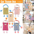 Plush Car Tissue Box Striped Plaid Seatback Hanging Tissue Holder Drawer Design - Blue