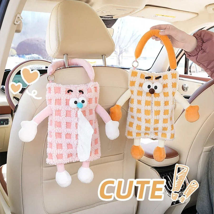 Plush Car Tissue Box Striped Plaid Seatback Hanging Tissue Holder Drawer Design - Blue