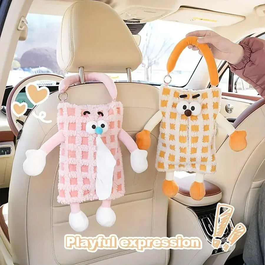 Plush Car Tissue Box Striped Plaid Seatback Hanging Tissue Holder Drawer Design - Blue