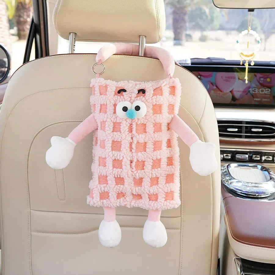 Plush Car Tissue Box Striped Plaid Seatback Hanging Tissue Holder Drawer Design - Blue