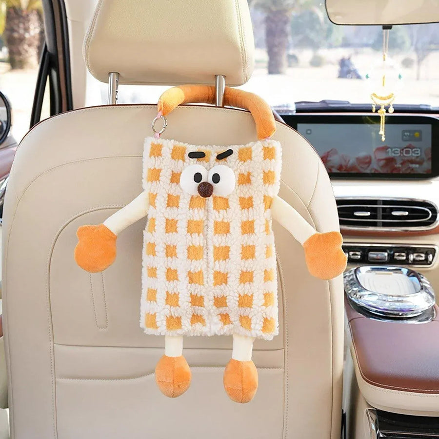 Plush Car Tissue Box Striped Plaid Seatback Hanging Tissue Holder Drawer Design - Blue