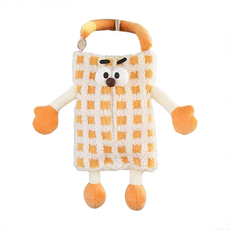 Plush Car Tissue Box Striped Plaid Seatback Hanging Tissue Holder Drawer Design - Orange