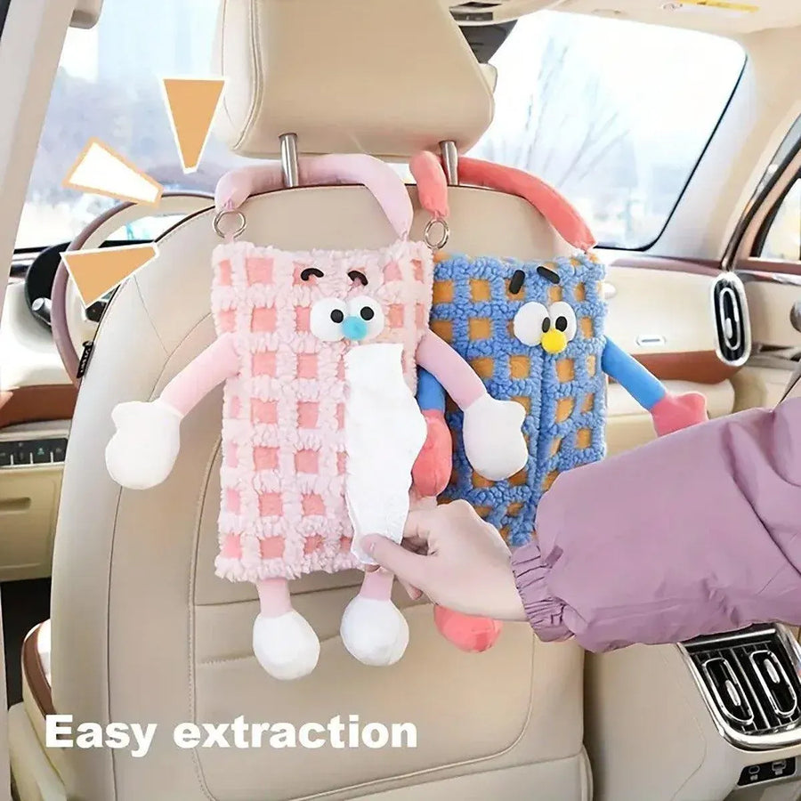Plush Car Tissue Box Striped Plaid Seatback Hanging Tissue Holder Drawer Design - Orange