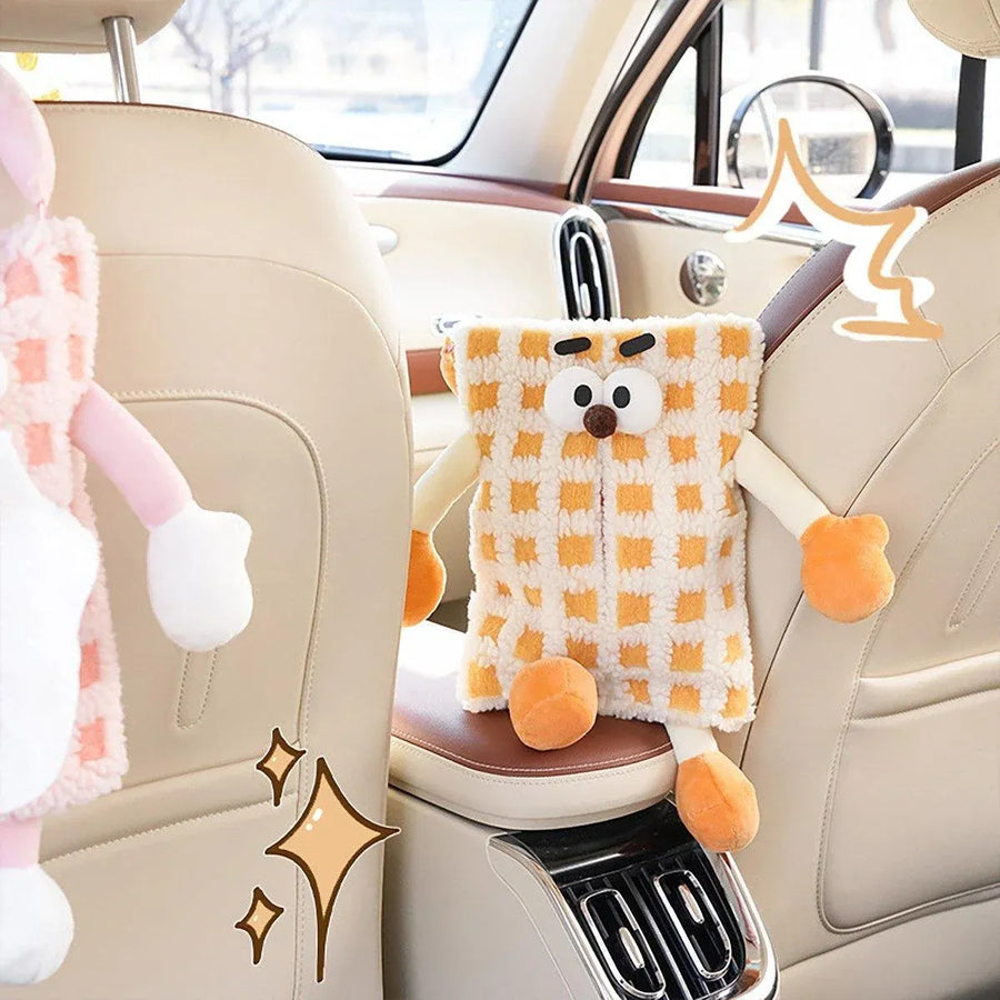Plush Car Tissue Box Striped Plaid Seatback Hanging Tissue Holder Drawer Design - Orange