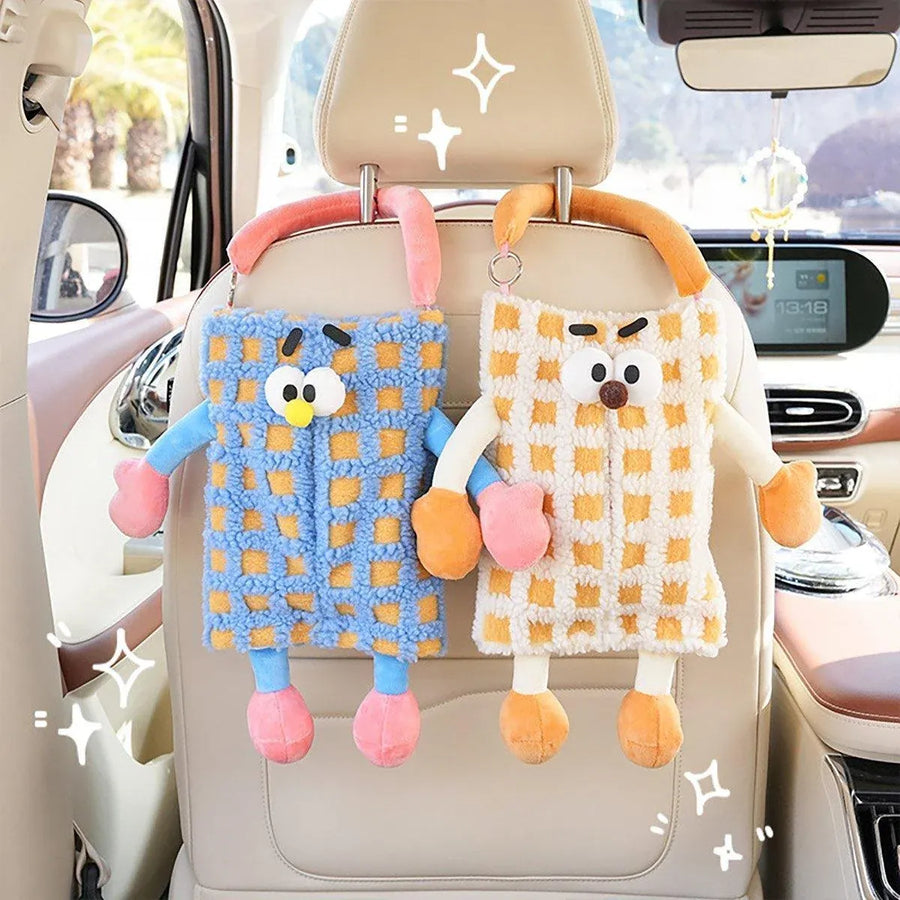 Plush Car Tissue Box Striped Plaid Seatback Hanging Tissue Holder Drawer Design - Orange