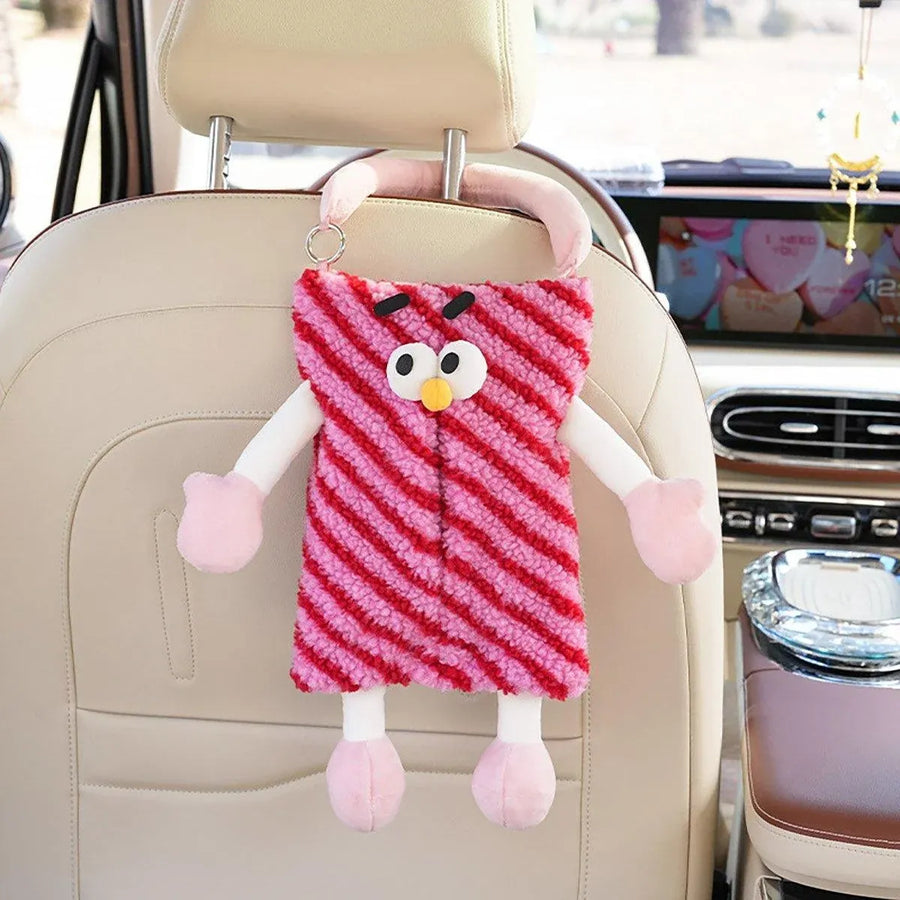Plush Car Tissue Box Striped Plaid Seatback Hanging Tissue Holder Drawer Design - Orange