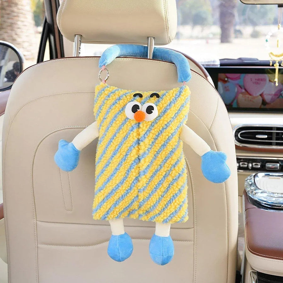 Plush Car Tissue Box Striped Plaid Seatback Hanging Tissue Holder Drawer Design - Pink