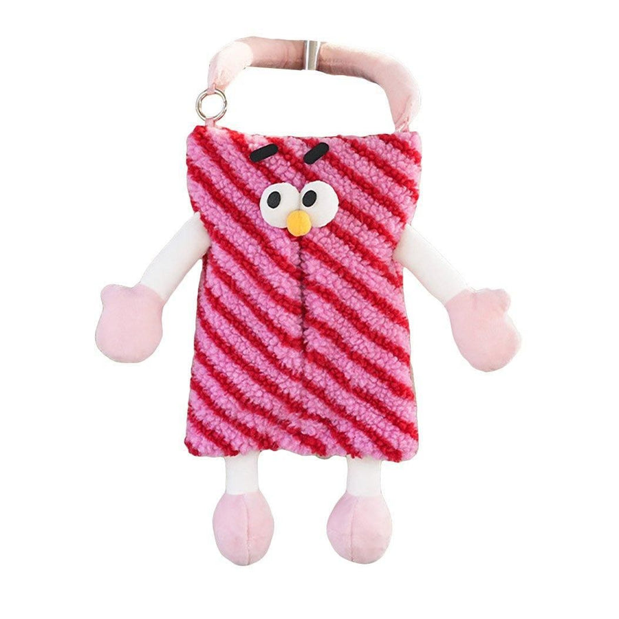 Plush Car Tissue Box Striped Plaid Seatback Hanging Tissue Holder Drawer Design - Red