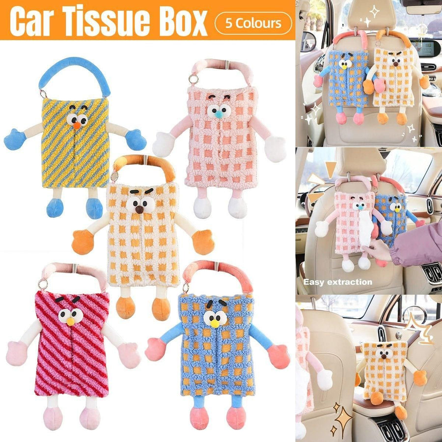 Plush Car Tissue Box Striped Plaid Seatback Hanging Tissue Holder Drawer Design - Red