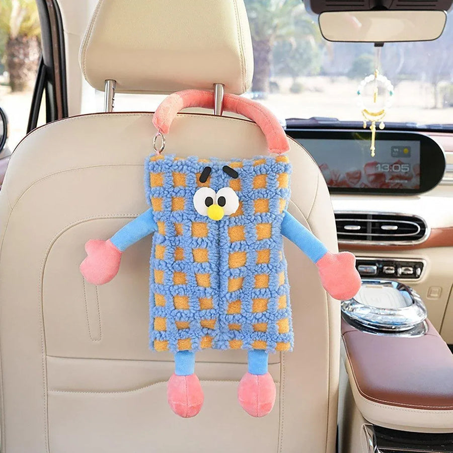 Plush Car Tissue Box Striped Plaid Seatback Hanging Tissue Holder Drawer Design - Red
