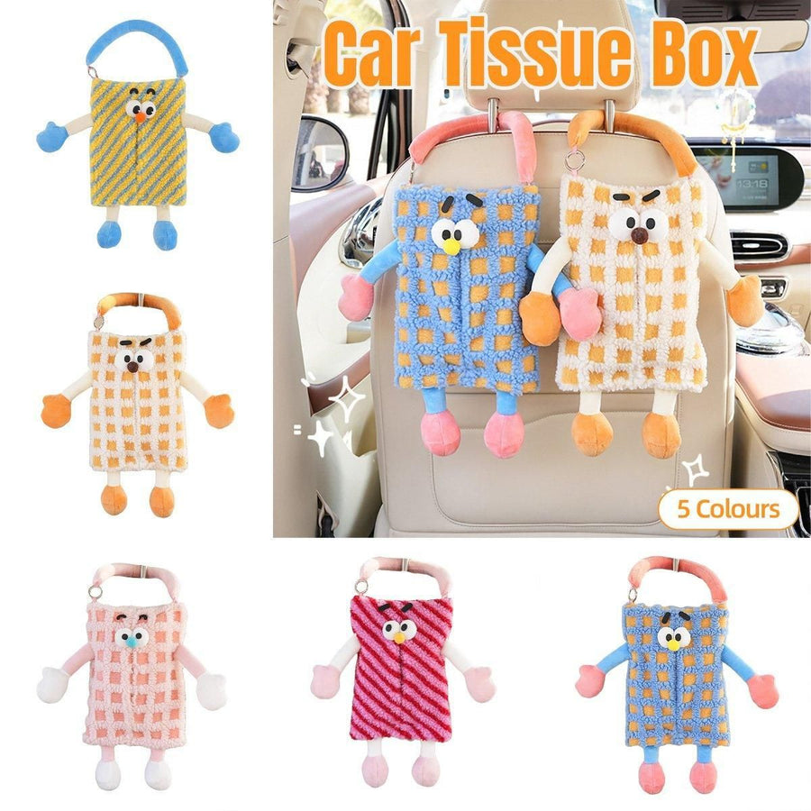 Plush Car Tissue Box Striped Plaid Seatback Hanging Tissue Holder Drawer Design - Red