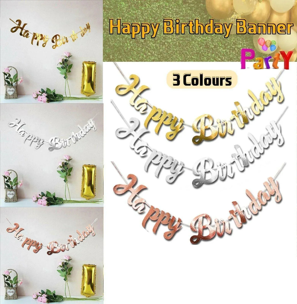 Happy Birthday Party Banner Decorations in Rose Gold Silver or Gold Bunting Garland - Rose Gold