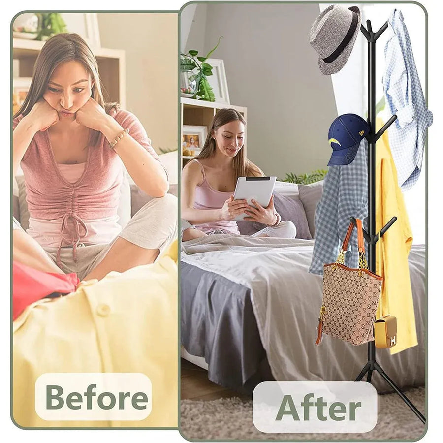 6Hooks Coat Stand Rack Clothes Hanger Hat Tree Jacket Umbrella Storage Organizer - Black