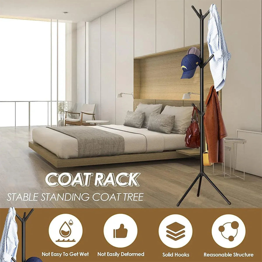 6Hooks Coat Stand Rack Clothes Hanger Hat Tree Jacket Umbrella Storage Organizer - Black