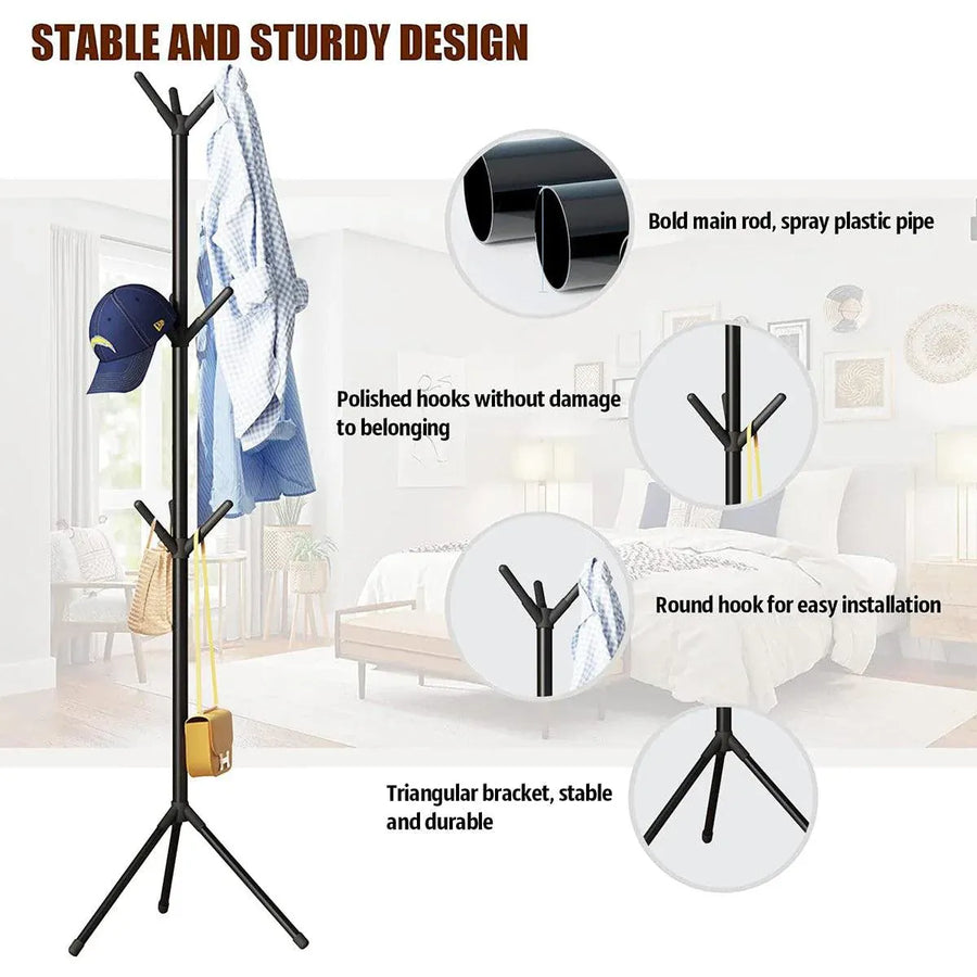 6Hooks Coat Stand Rack Clothes Hanger Hat Tree Jacket Umbrella Storage Organizer - Black