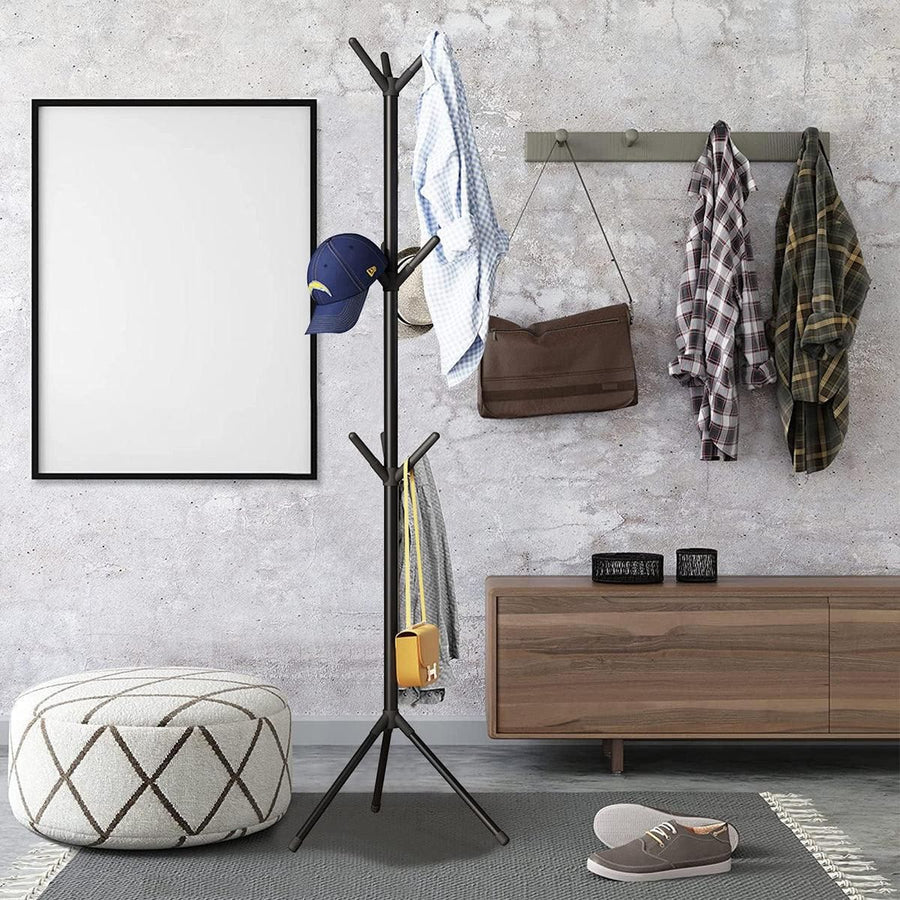 6Hooks Coat Stand Rack Clothes Hanger Hat Tree Jacket Umbrella Storage Organizer - Black