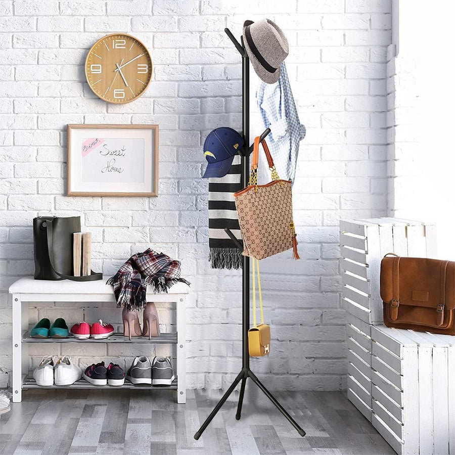 6Hooks Coat Stand Rack Clothes Hanger Hat Tree Jacket Umbrella Storage Organizer - Black