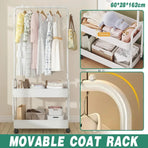 1-Piece Mobile Clothes Rack with Rail and Storage Baskets, White