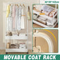 1-Piece Mobile Clothes Rack with Rail and Storage Baskets, White