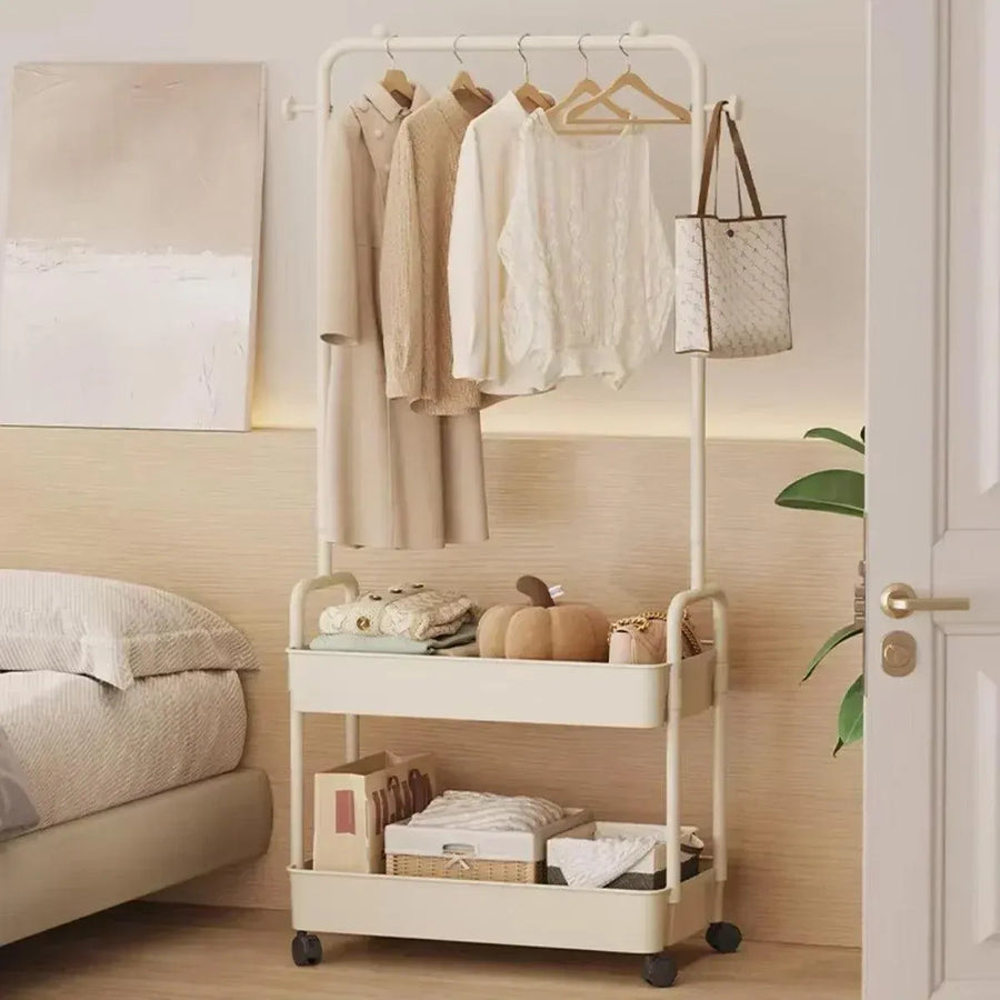 1-Piece Mobile Clothes Rack with Rail and Storage Baskets, White