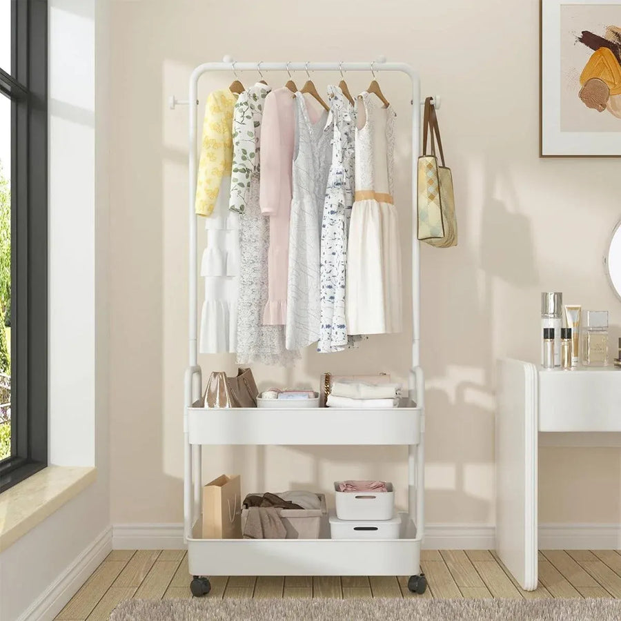 1-Piece Mobile Clothes Rack with Rail and Storage Baskets, White