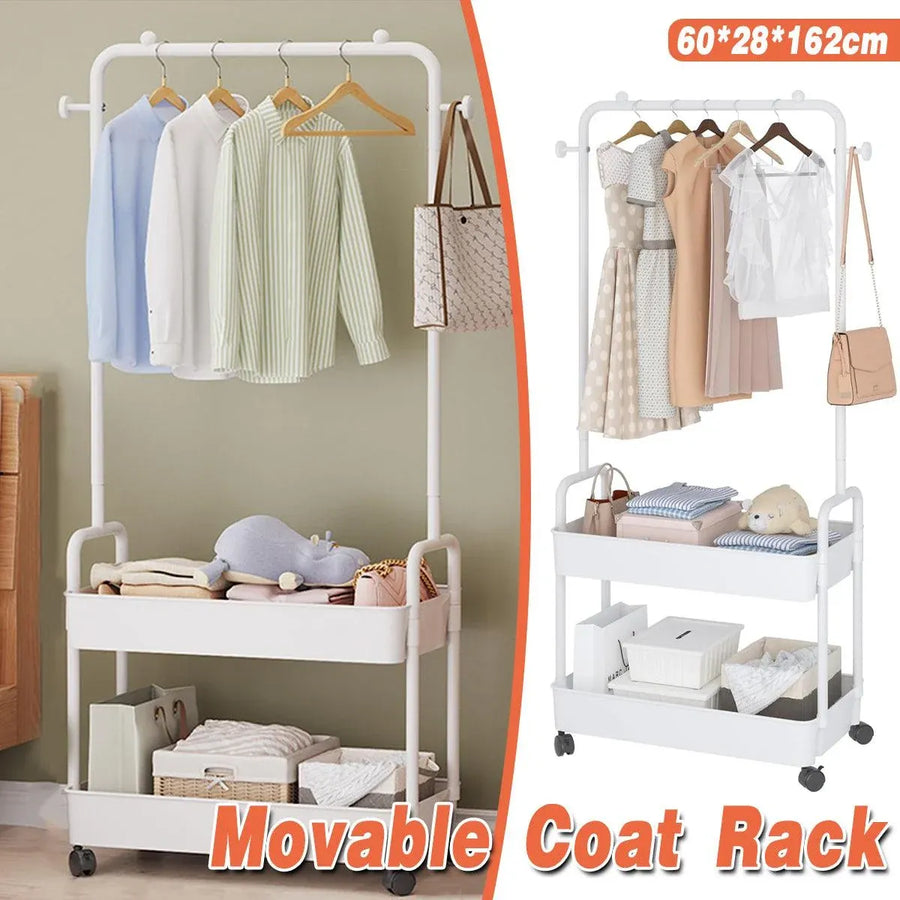 1-Piece Mobile Clothes Rack with Rail and Storage Baskets, White