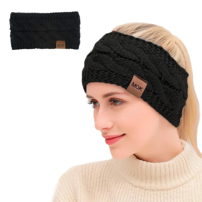 Winter Knitted Headband Crochet Ear Warmer Hair Wrap Turban Style for Women - Black
