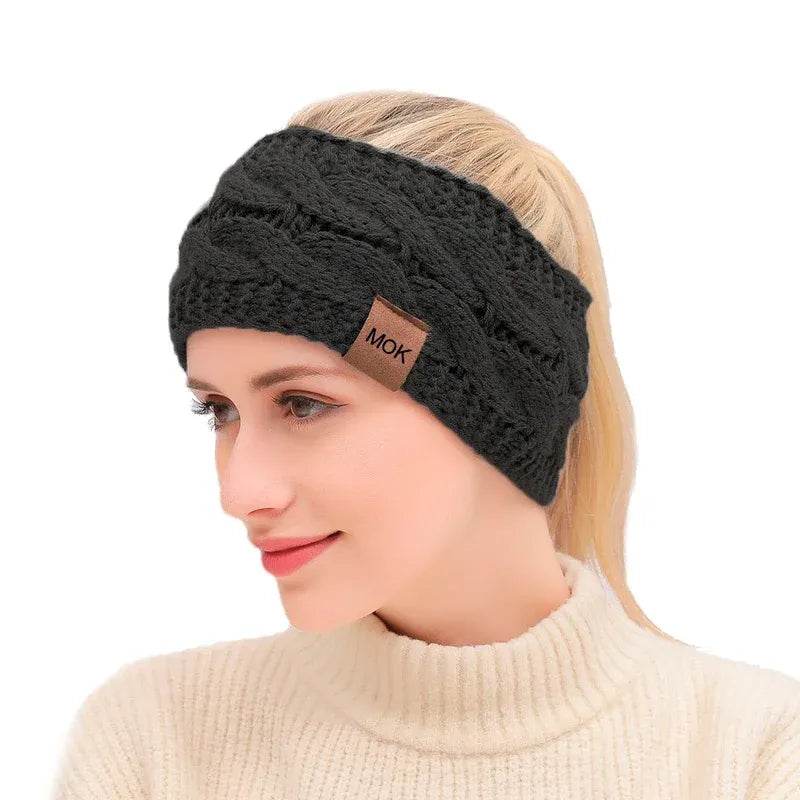 Winter Knitted Headband Crochet Ear Warmer Hair Wrap Turban Style for Women - Black